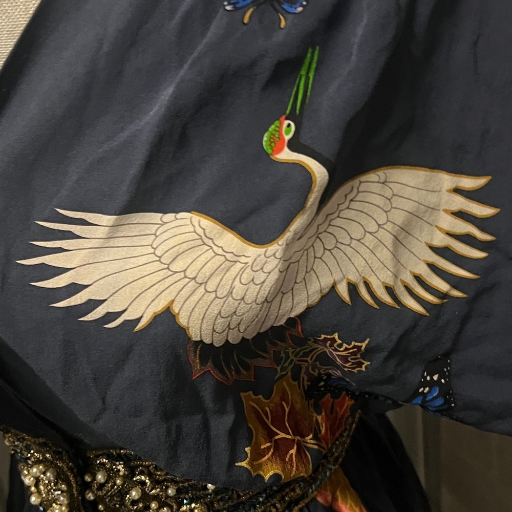 Meghan LA Dark Blue Kimono with Crane and Beaded Belt - Picture 3 of 9